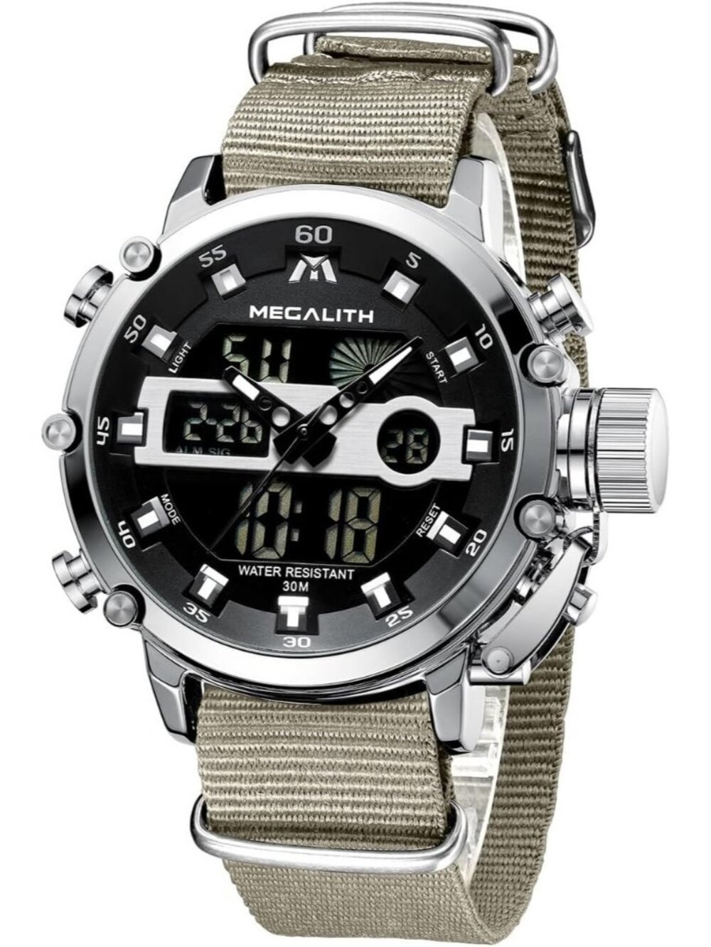Men's Khaki Analog Quartz Nylon Strap Waterproof Multifunction Digital Watch